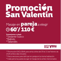 PROMOCIÓN ESPECIAL SAN VALENTIN Masaje en pareja para dos personas a elegir: Sedante Sueco - Balinés - Tailandés - 60 min