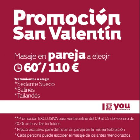 PROMOCIÓN ESPECIAL SAN VALENTIN Masaje en pareja para dos personas a elegir: Sedante Sueco - Balinés - Tailandés - 60 min